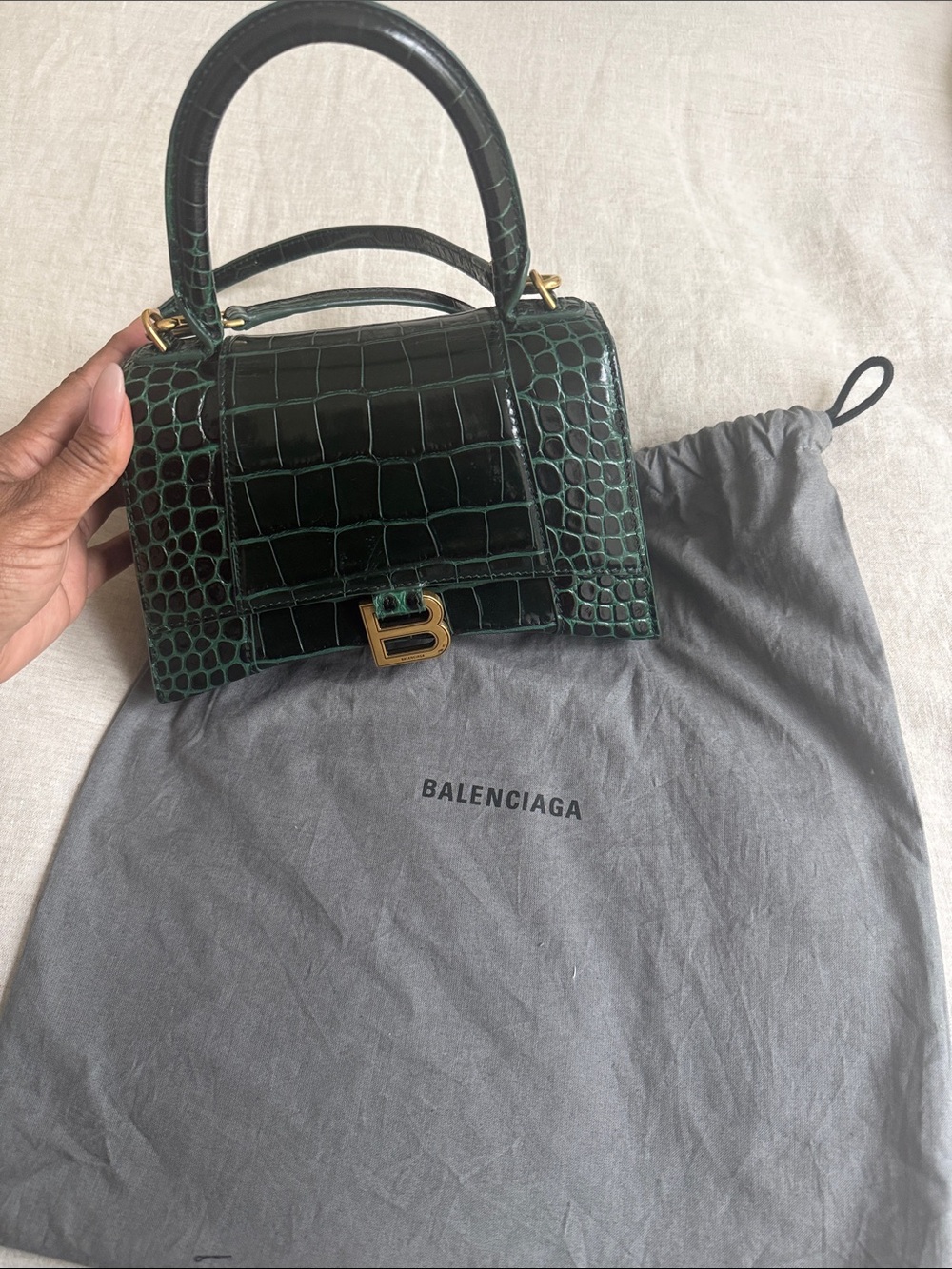 Balenciaga Green Croc-Embossed Hourglass Mini Top Handle Bag with Gold Hardware - Picture 2 of 7